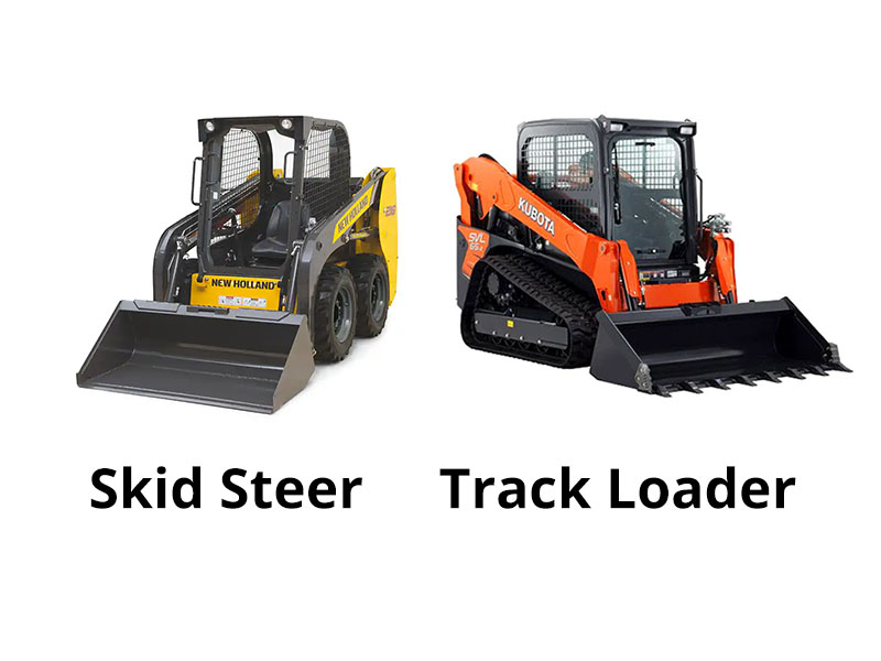 A New Holland skid steer juxtaposed to a Kubota track loader.